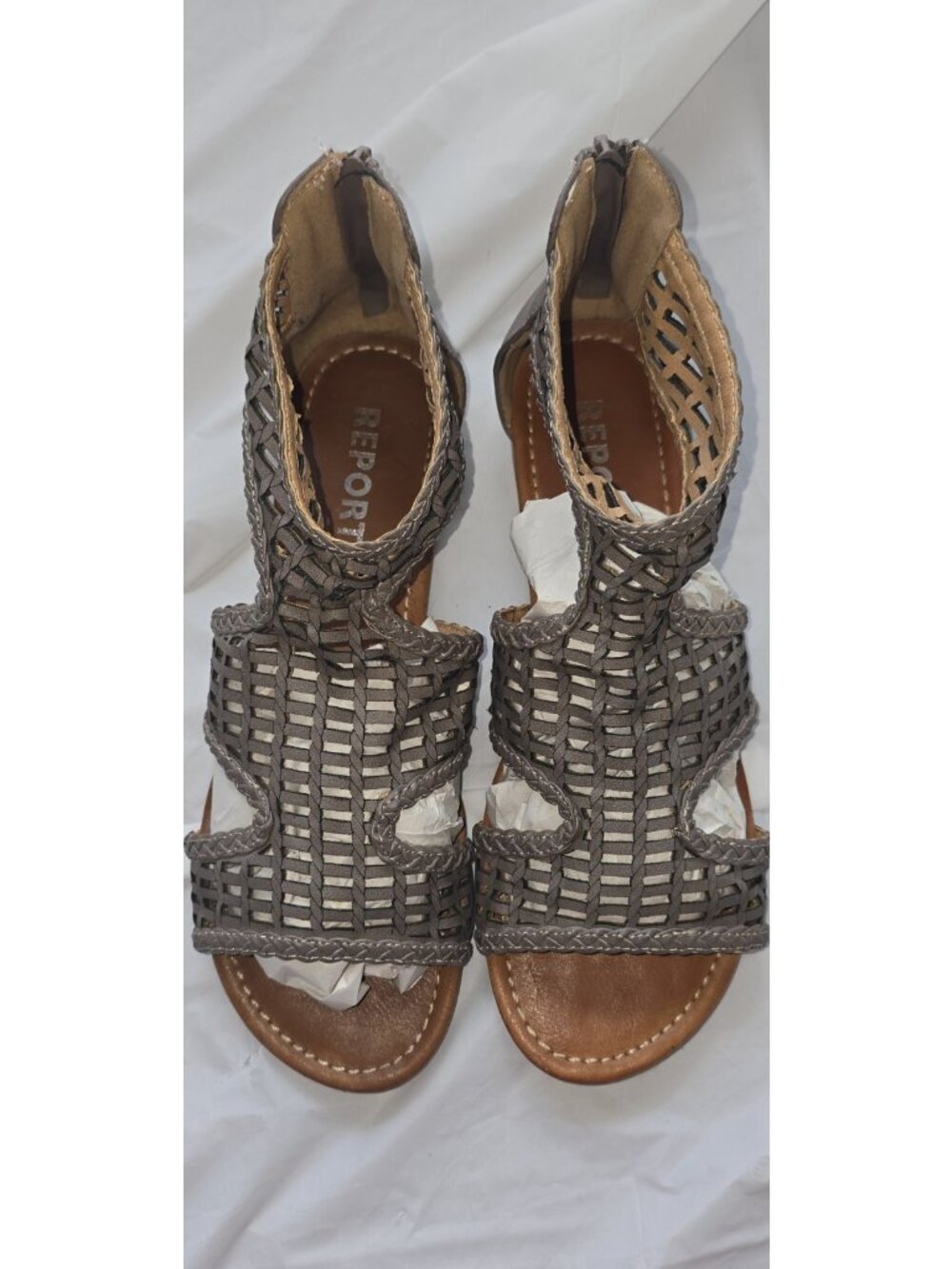 Report Women’s Gladiator Sandals Gray/Brown Braided Strappy Zip US 9.5